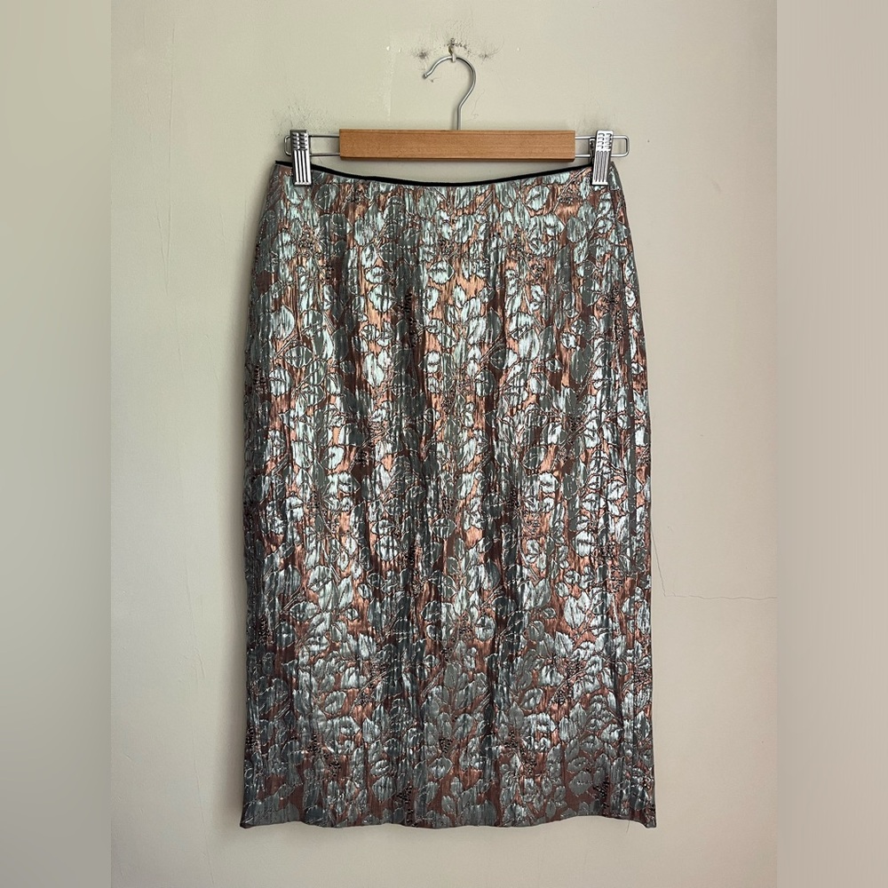 j crew collection metallic jacquard olive print midi pencil skirt